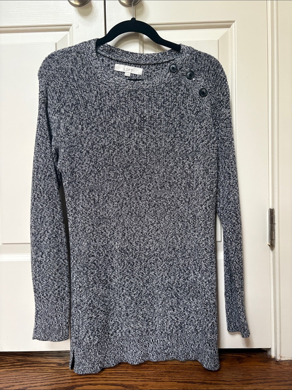 LOFT Black & White Marled Crewneck Sweater with Button Shoulder